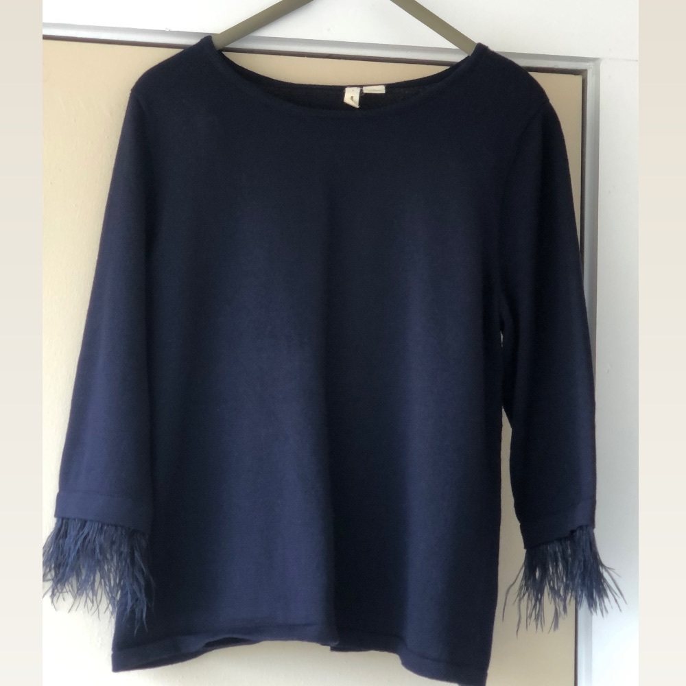 Anthropologie Moth Navy Knit Scoop Neck with Feather Sleeve Detail
